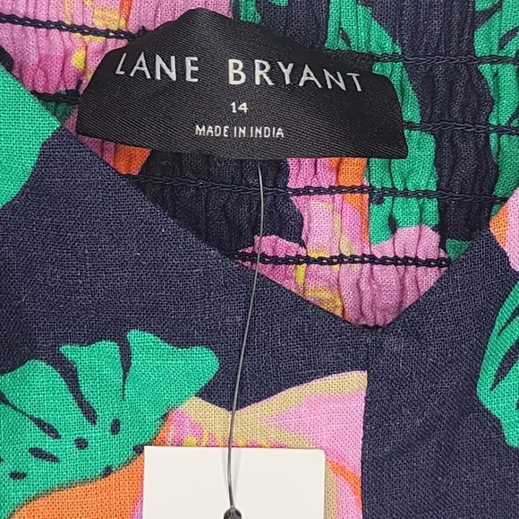 LANE BRYANT Smocked-Back floral Linen blend Midi Dress, size 14